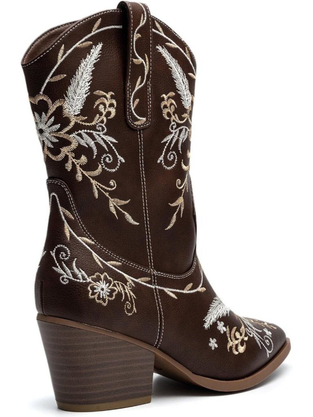 Women's Brown Gold Embroidery Chunky Heel Zip Up Pointed Toe Cowgirls Boot - Picture 5 of 5